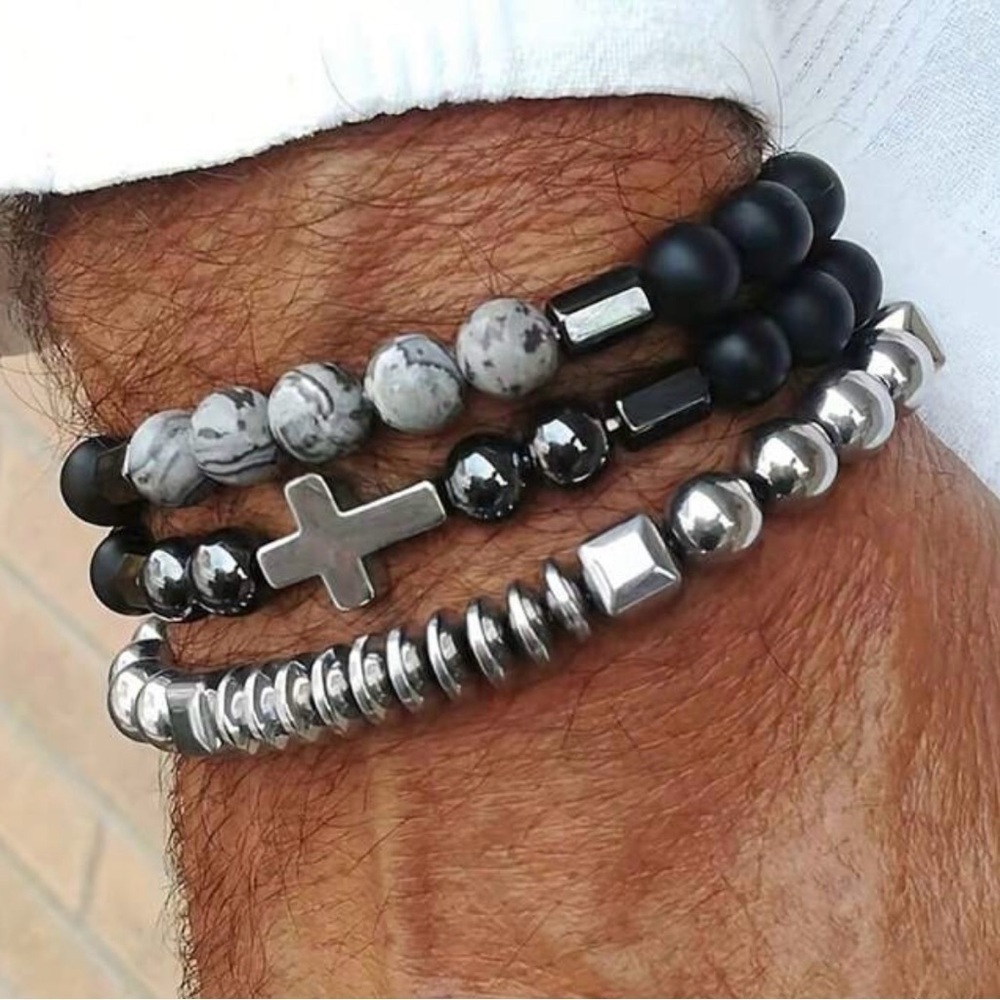 Cross Black and Silver Metal Beaded Bracelets, Set of 3